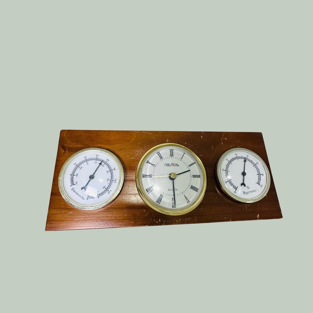Nautica Vintage Wood Weather Station Quartz Clock Thermometer Hygrometer Desk